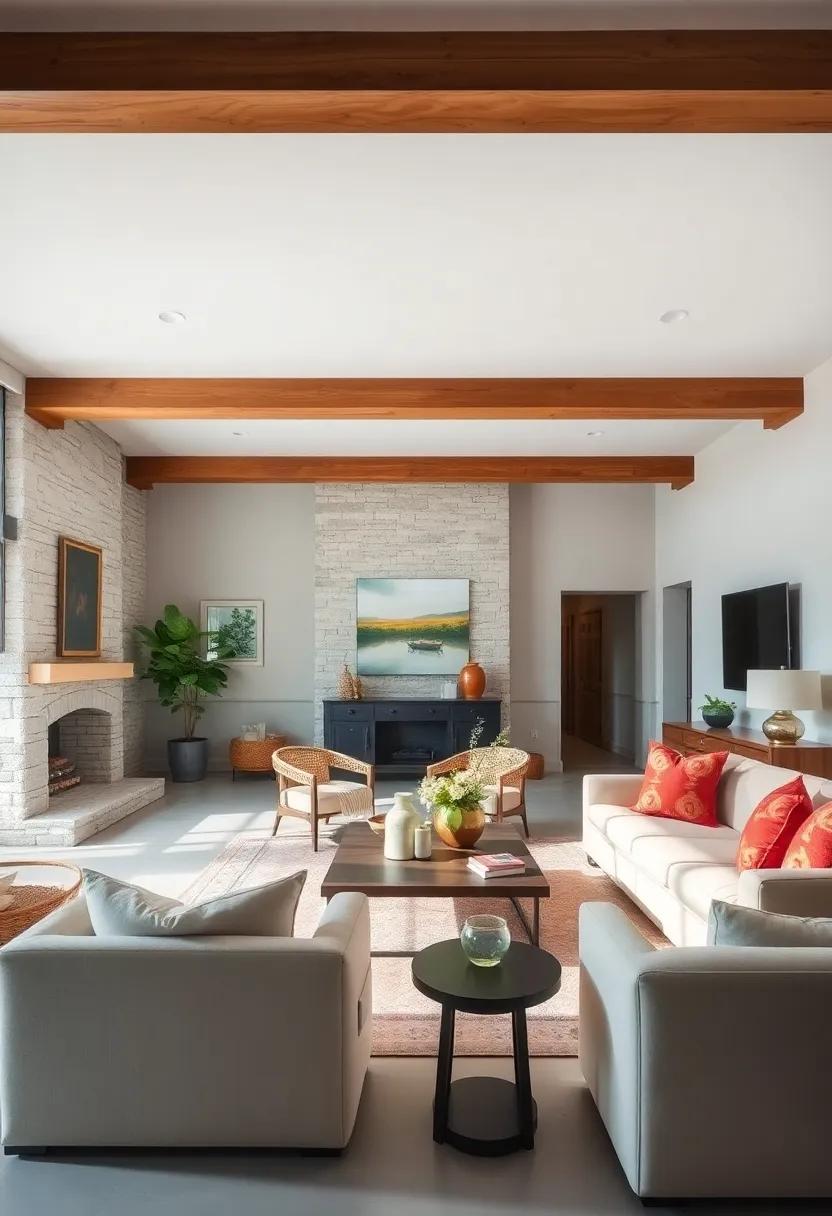 Farmhouse ​Minimalism: Simple, straight wood beams add ⁤understated elegance to this living room, where minimal furnishings ⁣allow the architecture to shine