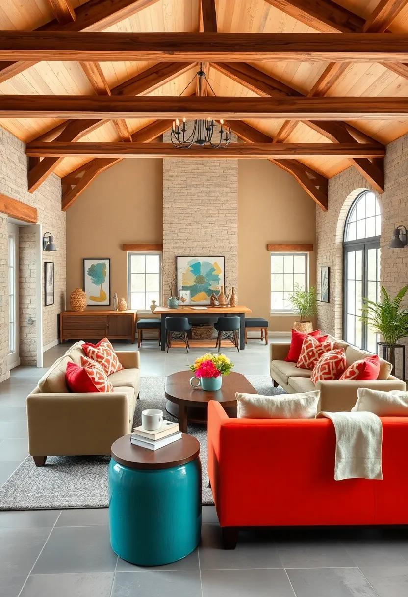 Colorful Contrast: Vibrant decor and furniture⁤ stand ⁢out beautifully against rich wood beams in this lively living room, creating a dynamic‌ environment full of personality