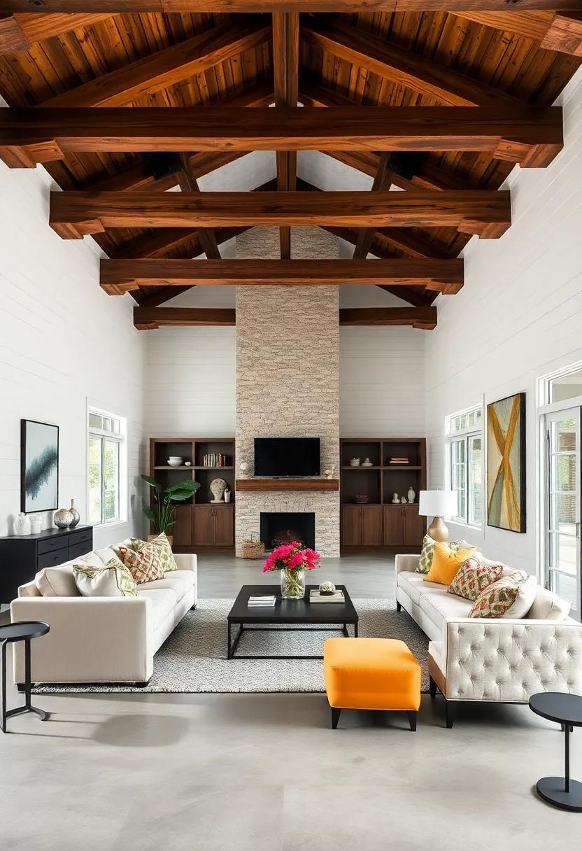 Rustic gallery: A⁣ stunning⁣ open-concept living ‌room‌ showcases wood beams as a canvas ⁢for artistic expression, adorned with beautiful artwork‍ that highlights⁤ the warm ⁣tones of ⁤the ⁣wood