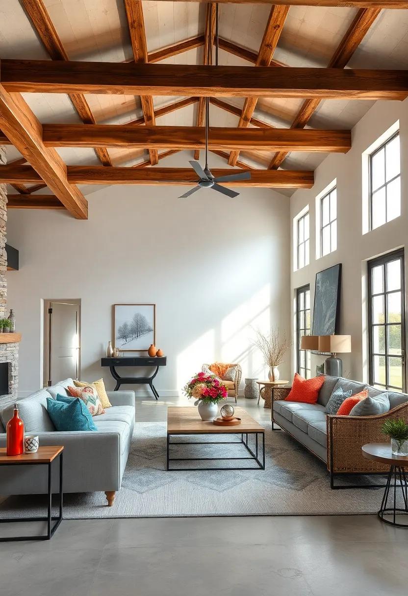 Industrial Farmhouse Fusion: Metal accents combine‌ with rugged wood ⁣beams in⁤ this living ‍room, creating ‌a unique blend of industrial style and⁢ farmhouse charm