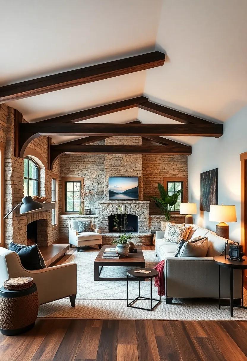 The Cozy Nook: A smaller⁢ farmhouse living room utilizes dark, rich beams ⁣to create an intimate setting filled ⁣with plush seating and layered textures for a‍ snug ‍retreat