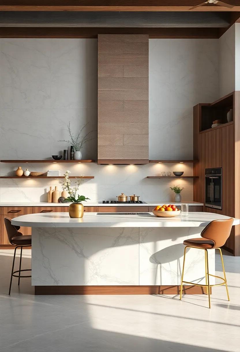 A Touch of Glam: Dive into a kitchen island adorned with intricate detailing‍ and luxurious materials, such as marble and brass, elevating your space’s elegance