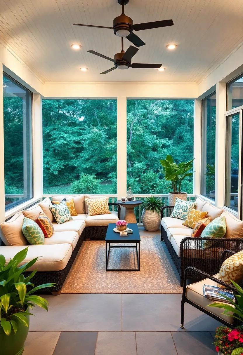 Coastal Charm: Transform your ​porch into a beachy retreat with light-colored sectional sofas paired with nautical decor and airy fabrics