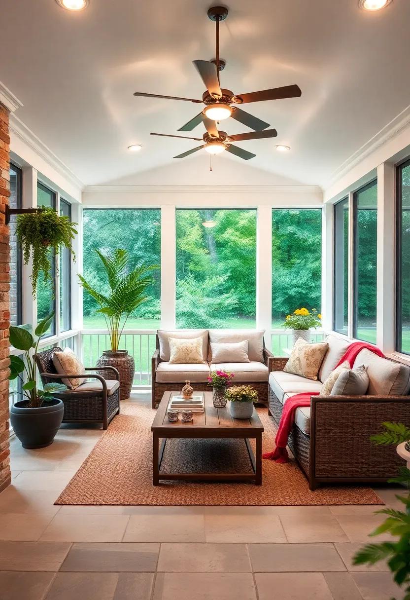 All-season ​Sanctuary: Create a cozy​ four-season porch ​with a sectional sofa that welcomes you year-round, complemented by heating ⁣and cooling solutions