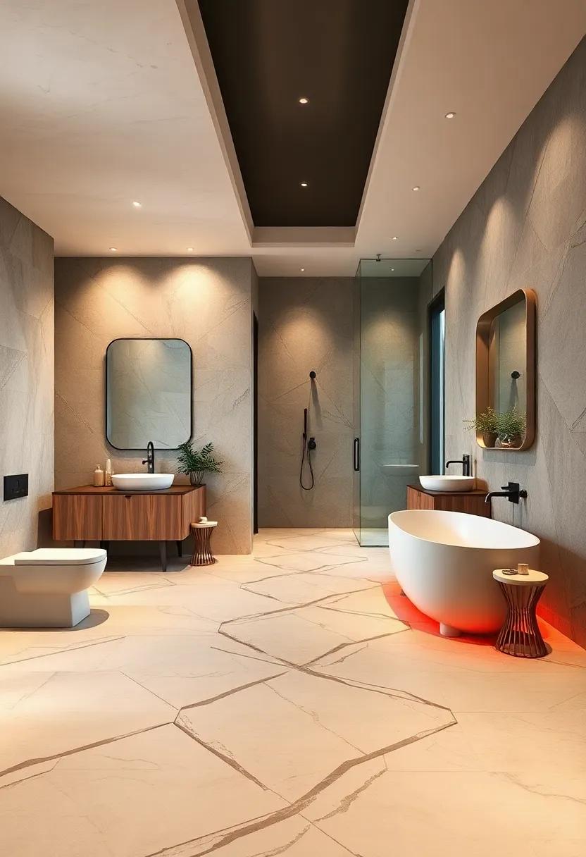 Escape to an ​ultra-modern‌ bathroom where geometric patterns on‌ heated porcelain floors​ blend seamlessly with ⁣high-tech amenities for a ⁢stylish‌ yet functional experience