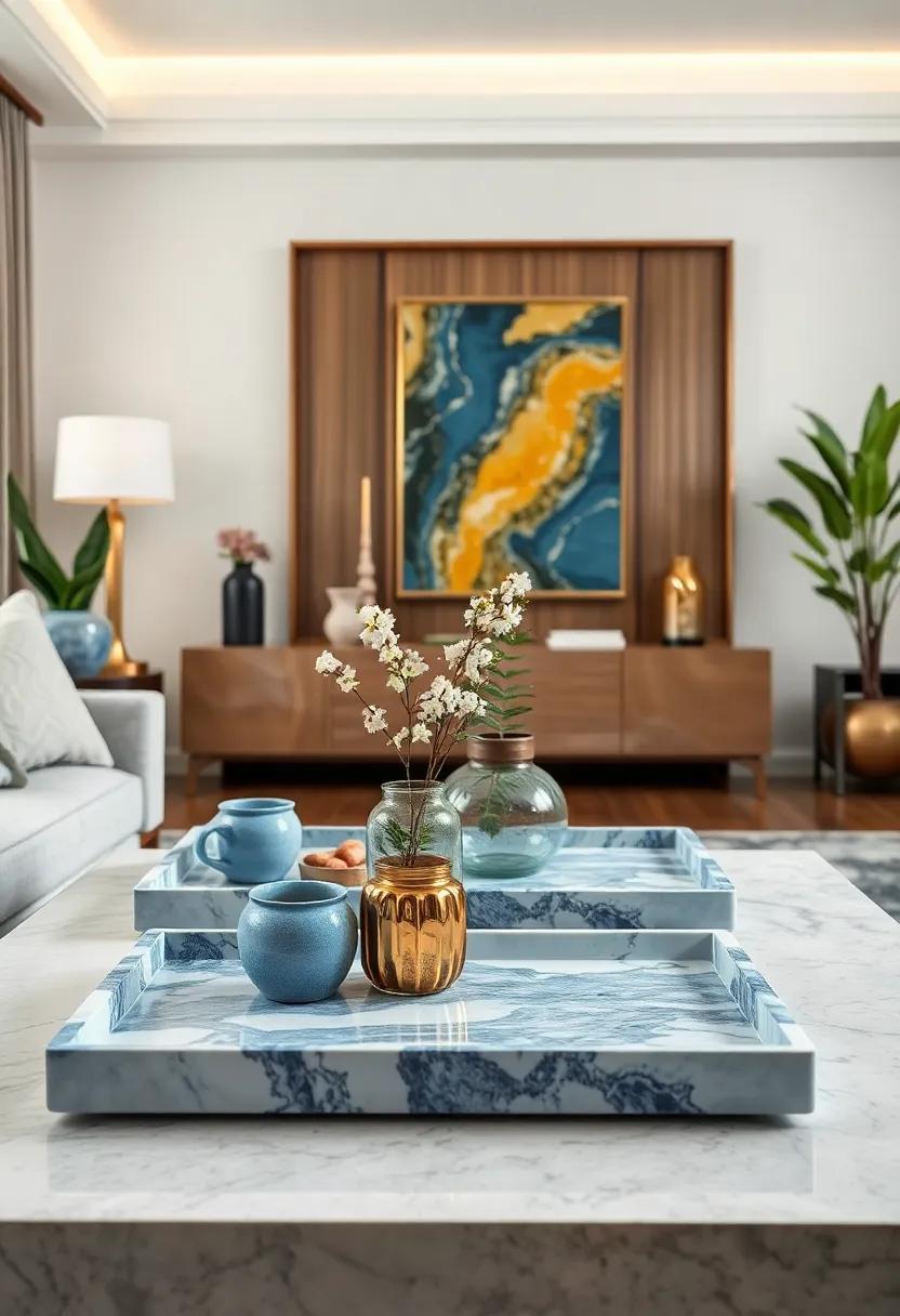 Marble-Inlay Trays: Serve snacks or display decorative items on intricately designed marble-inlay trays, perfect‌ for adding a touch of luxury to your coffee table