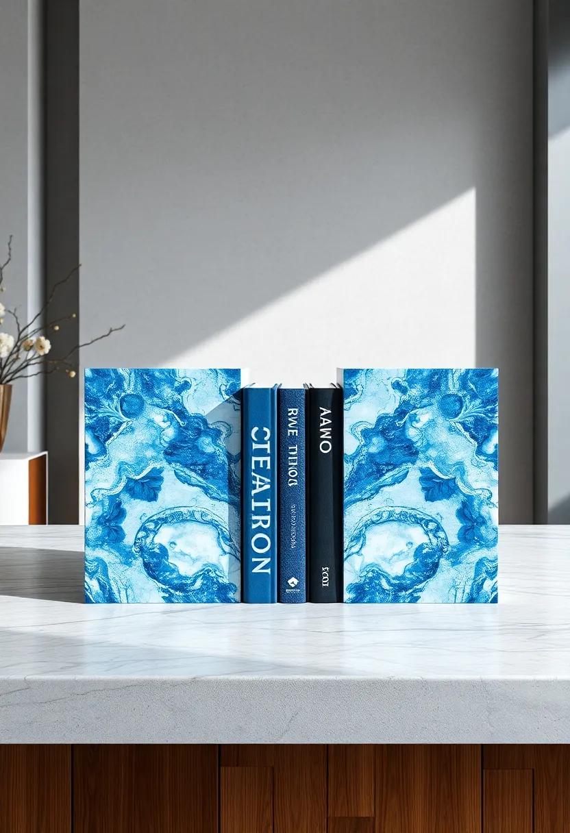 Blue Marble Bookends:​ Ensure your book collection stays⁣ pristine‍ and⁣ organized ⁢with⁢ these artistic blue ⁢marble bookends that bring ⁢a modern ⁢flair to your shelves