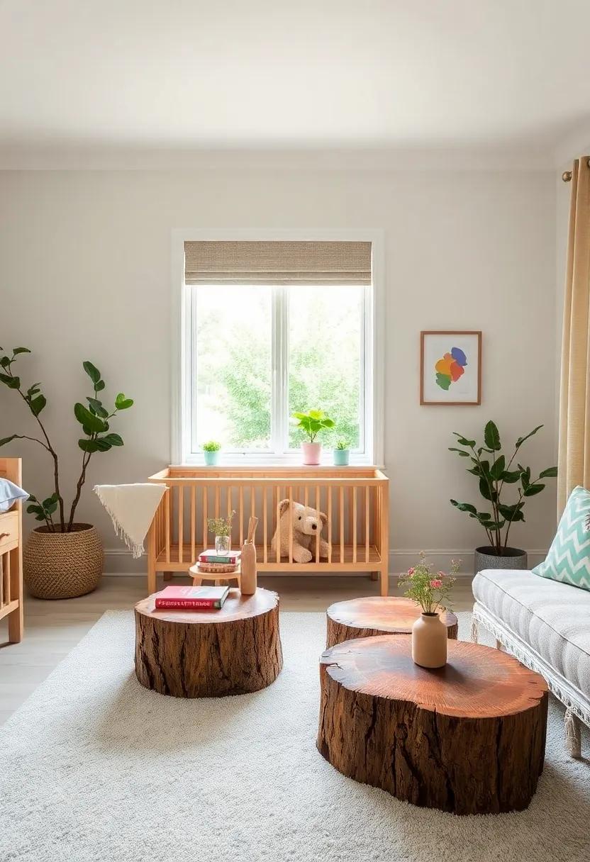 Tree ​Stump Side Tables: Use tree stump-style side tables ‍that double as playful decor and functional pieces ‌for books or toys