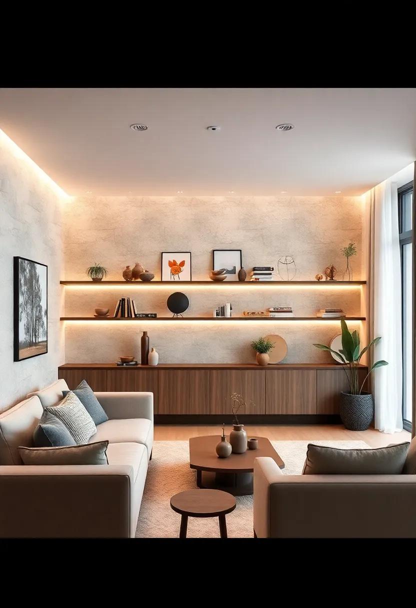 Integrate lighting strips under shelves or cabinets to draw attention to your favorite decor items with gentle illumination