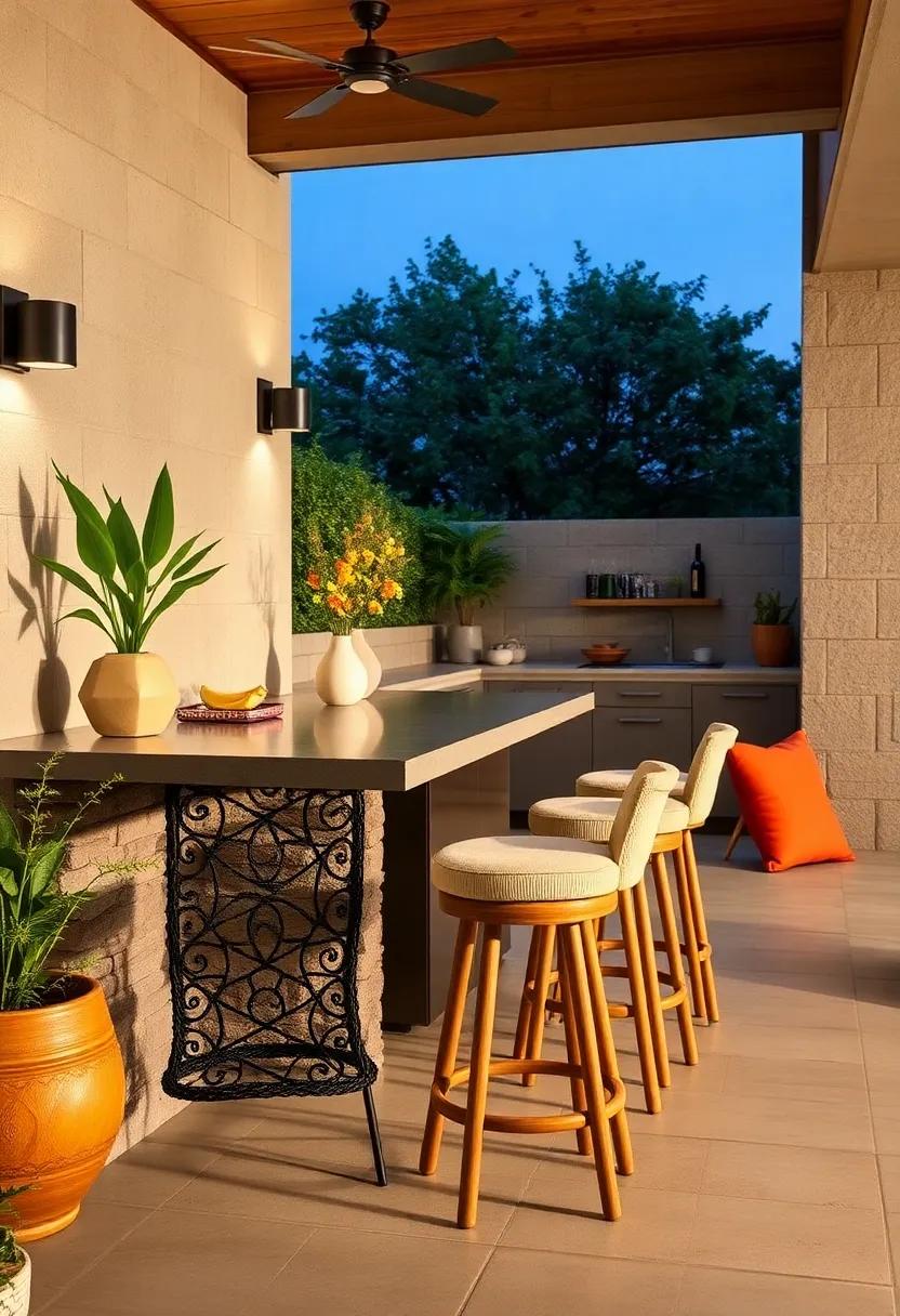 Unique Bar⁢ Stools: Select stylish ⁣bar stools to accompany your outdoor kitchen bench, adding⁤ charm and personality ⁢to the seating area