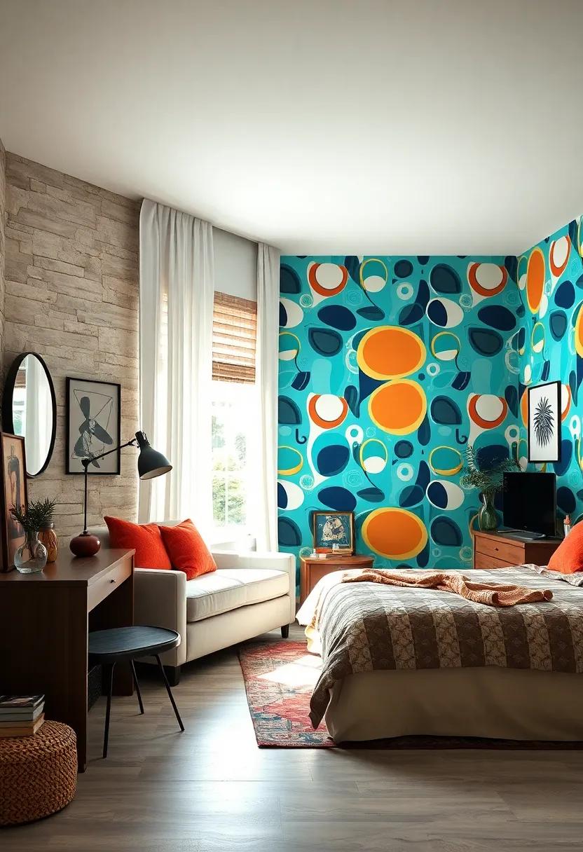 Retro-inspired Wallpaper: Pick a bold wallpaper design featuring geometric shapes⁢ or psychedelic patterns to ​transport your room back in time