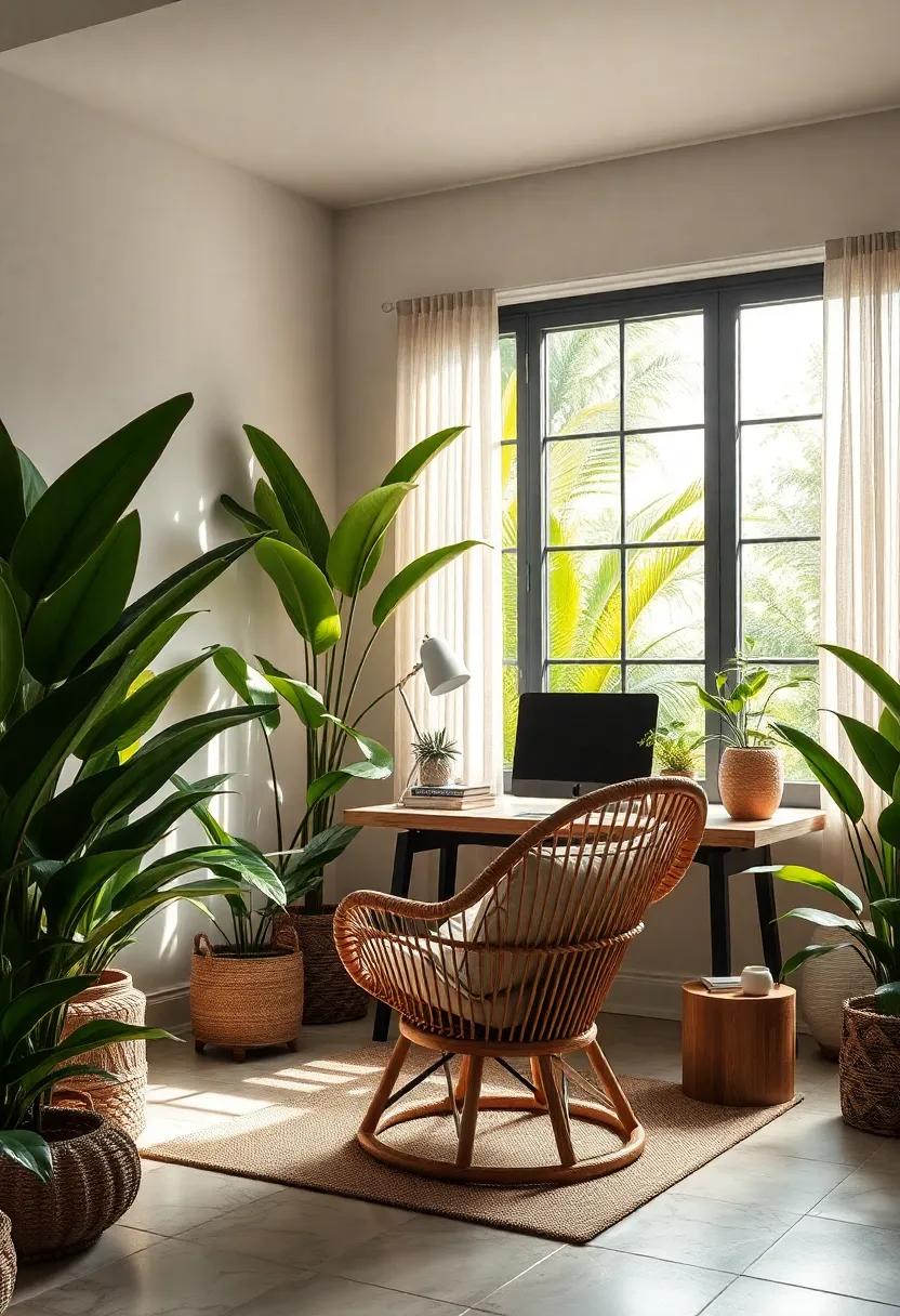 Embrace the Essence⁢ of Nature: A sunlit tropical home office featuring a rattan chair surrounded by lush⁤ greenery, perfect for fostering creativity in a serene environment