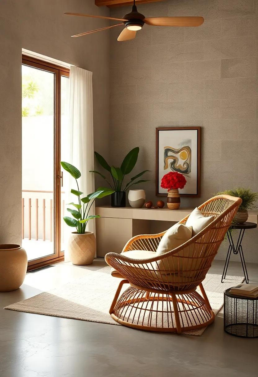 Vibrant minimalism: Explore a minimalist home office that utilizes a‍ striking rattan chair ‌as the focal point, showcasing how less can truly be more in a relaxed‌ setting