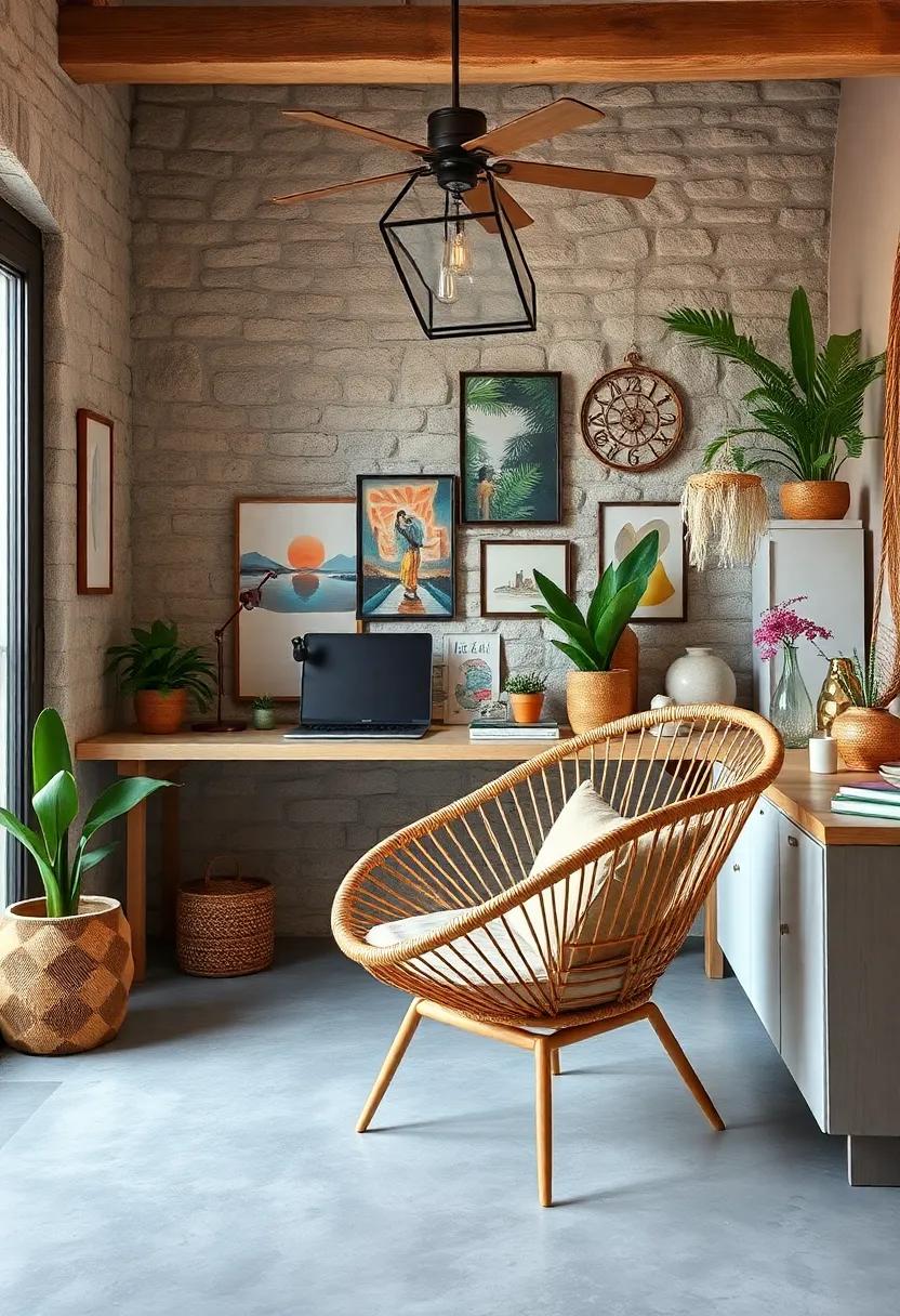 Chic Bohemian: A ⁤boho-inspired workspace filled with eclectic decor,highlighted by a unique rattan chair that‍ brings a relaxed ⁢vibe and artistic flair to the scene