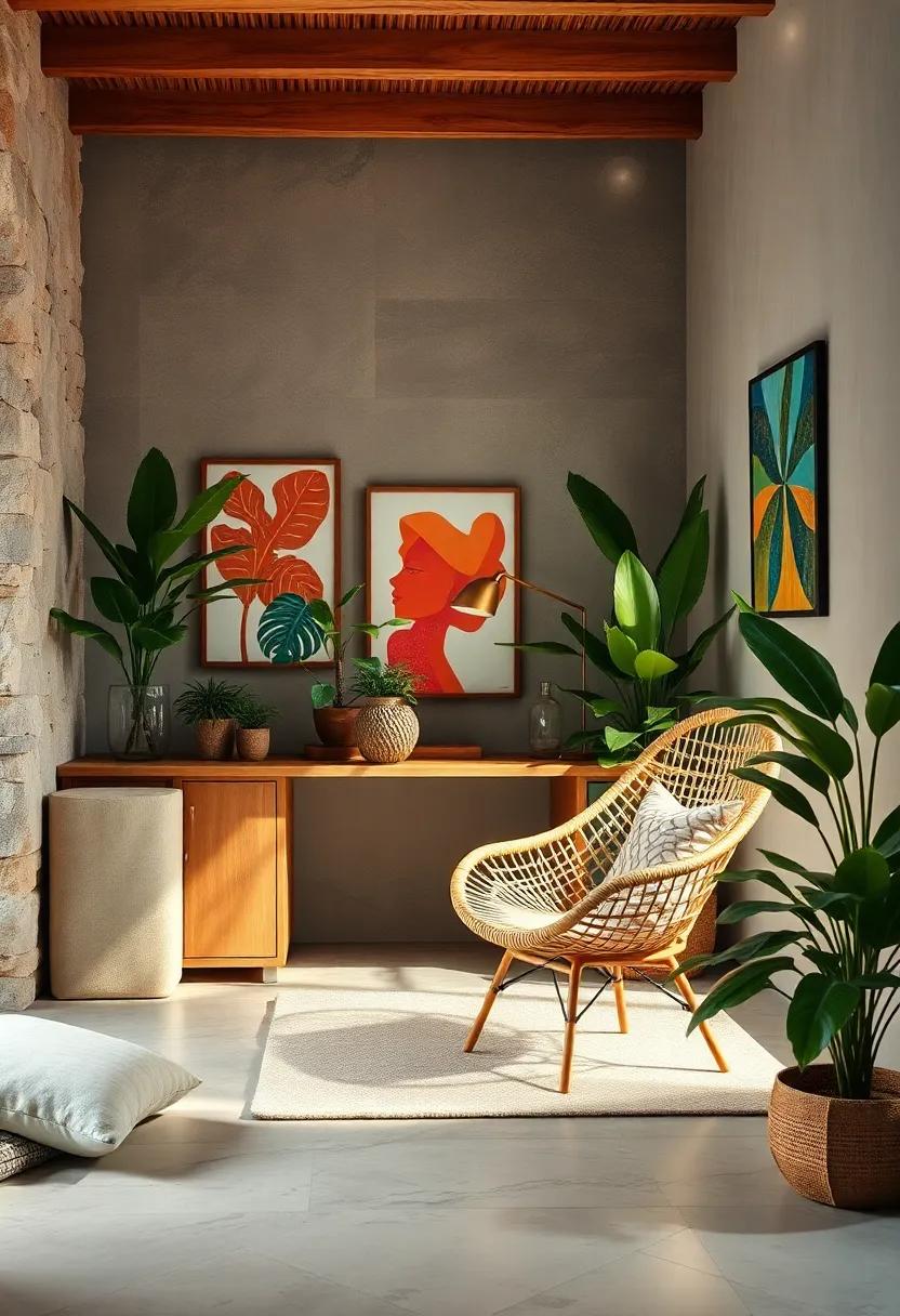 Serene Sanctuary: This calming home office is designed for productivity and ⁤peace, featuring soft lighting and a cozy rattan chair that beckons for inspiration