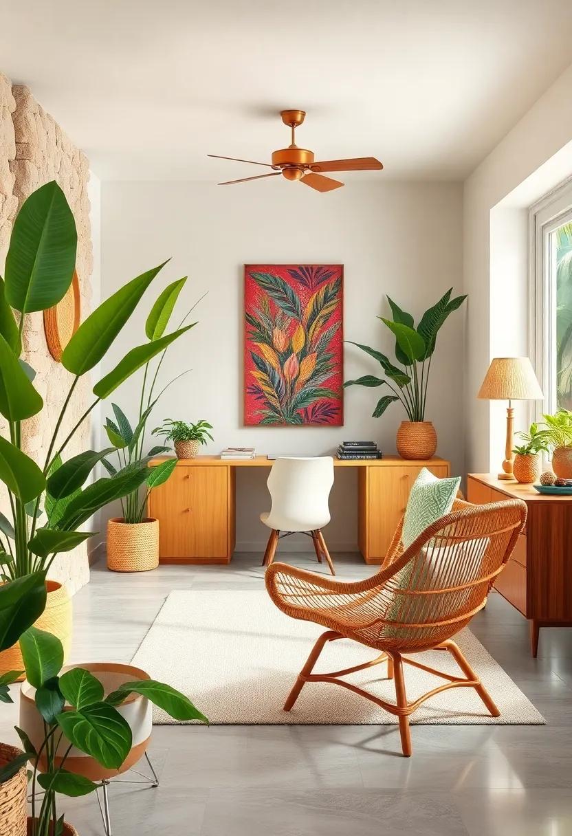 Vintage Charm: Step back in time with a retro-inspired home office that showcases a classic rattan chair, perfectly complementing mid-century modern furnishings ​for a unique ⁣vibe