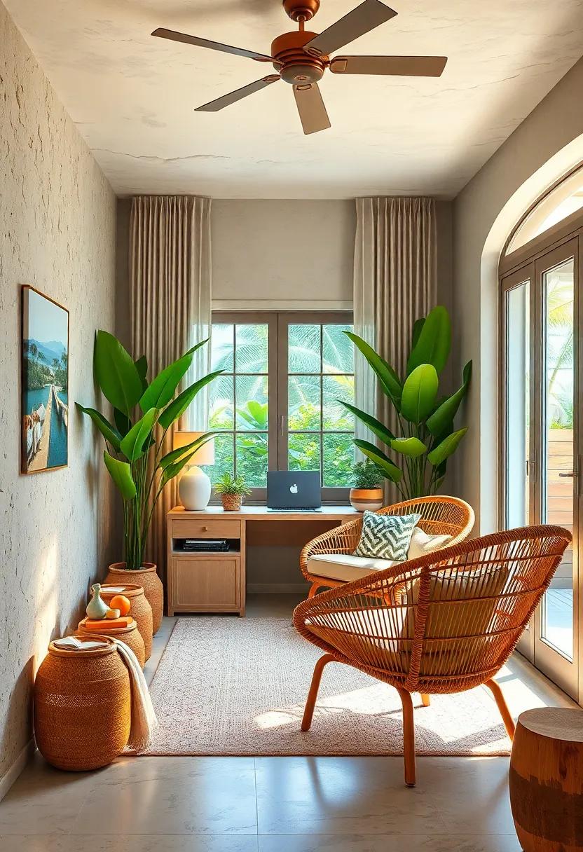 Warm​ and Welcoming: A cozy home office adorned with soft⁤ textiles and warm lighting, where a plush rattan chair invites you to curl up with a good book—or a laptop