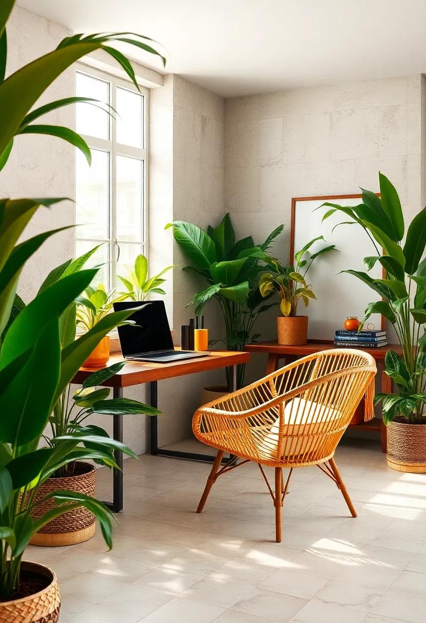 Global ⁤Influence: journey to a travel-inspired workspace featuring‌ a rattan chair that reflects cultural richness, encouraging creativity through diverse influences