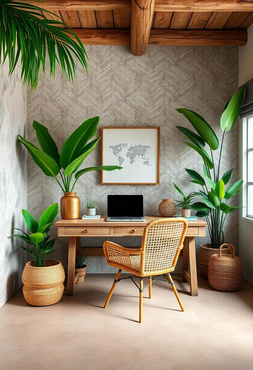 rustic retreat: experience the charm of a rustic home office, where ​a distressed wooden desk pairs perfectly with a chic rattan ‌chair, inviting you to get lost in work