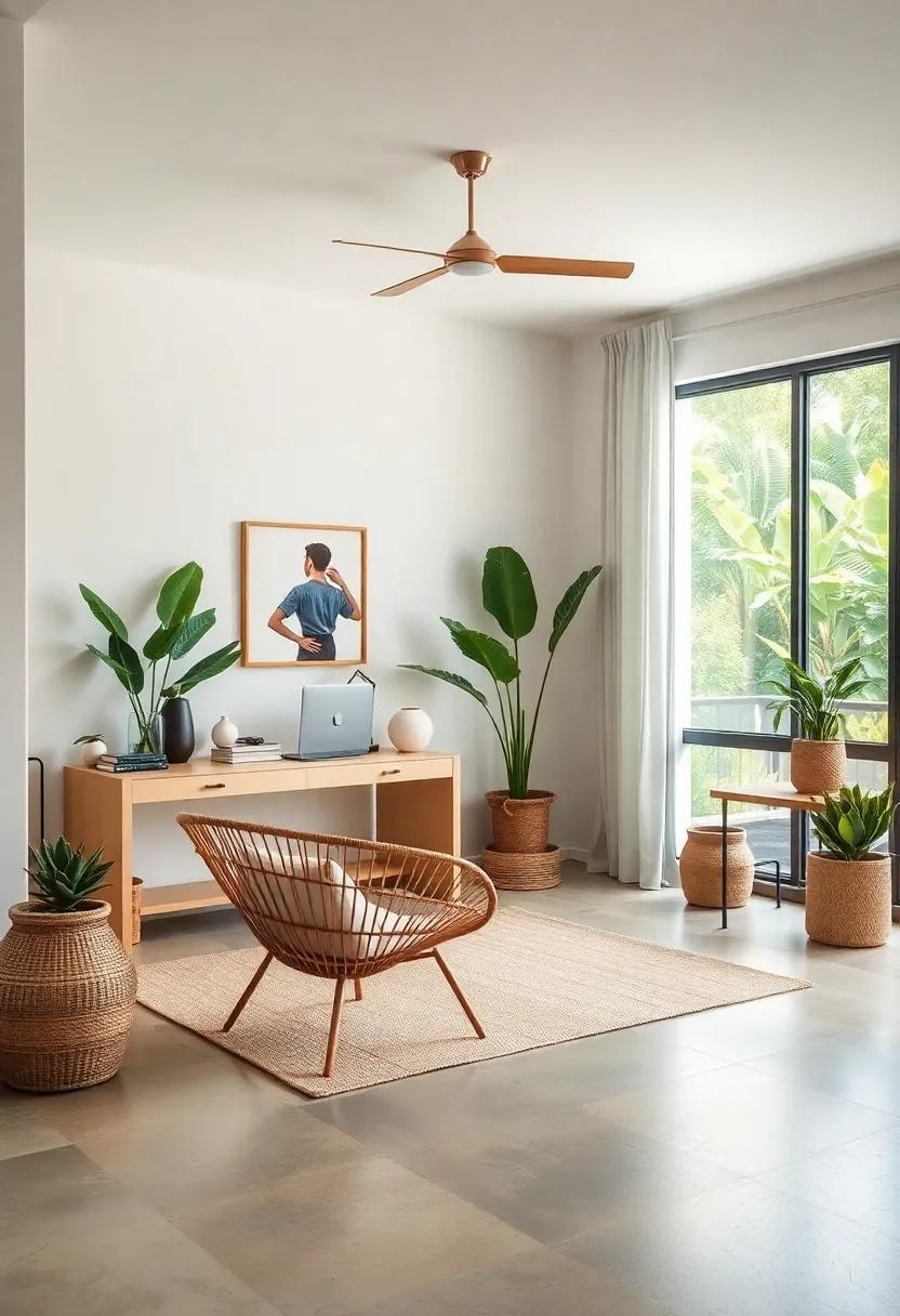 zen Workspace: Take a look ‌at a tranquil office designed for mindfulness and focus, where a simple rattan chair provides both comfort and style for productive meditation