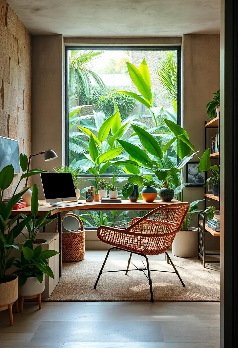 Tropical Oasis: Step into a vibrant workspace that mirrors a botanical garden, where ​a handwoven rattan chair adds an organic touch to the creative process