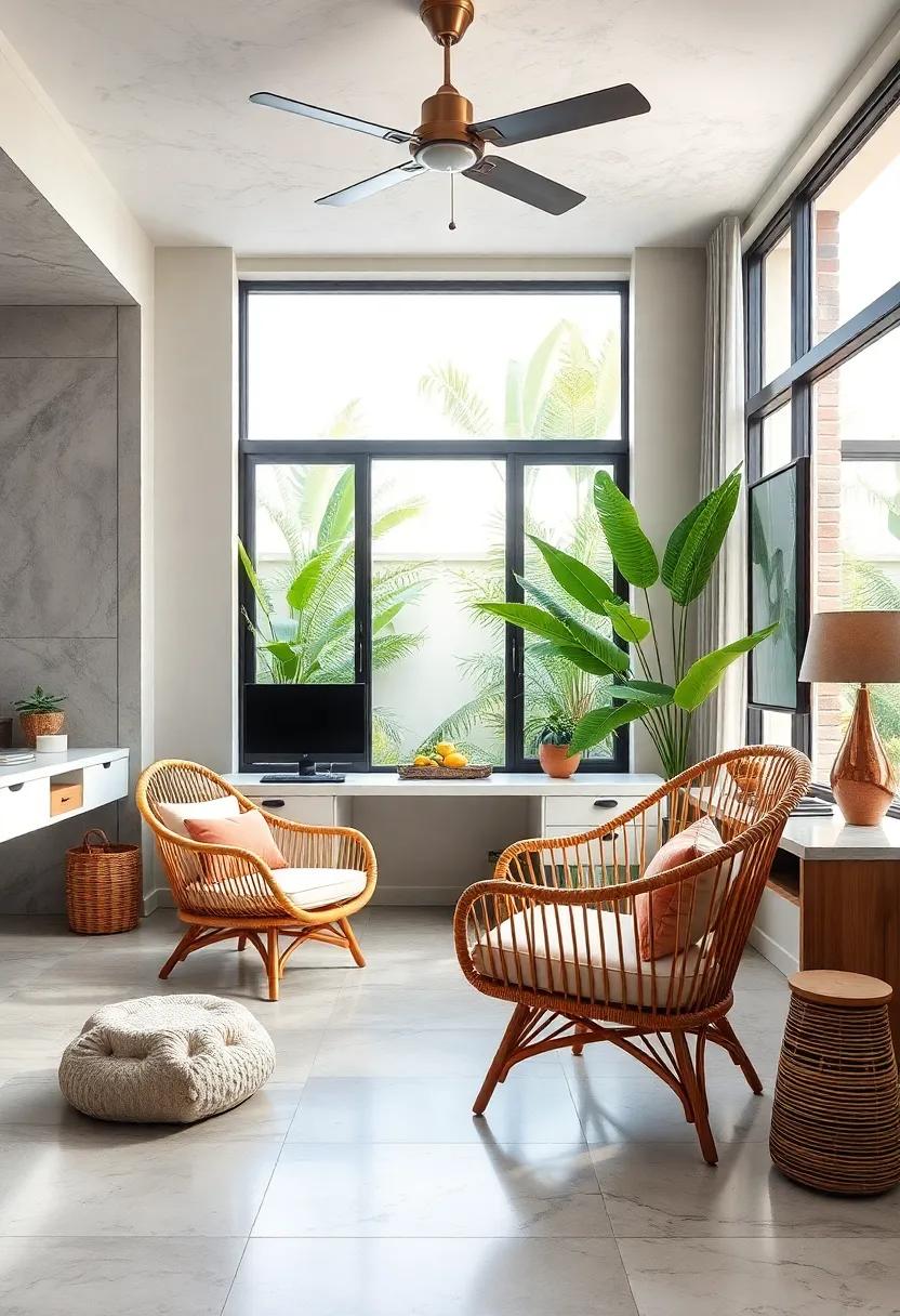 Modern Tropical: Explore ⁢a contemporary home office with‍ sleek design elements, where ⁣a stylish ​rattan chair offers a touch of warmth against a polished backdrop