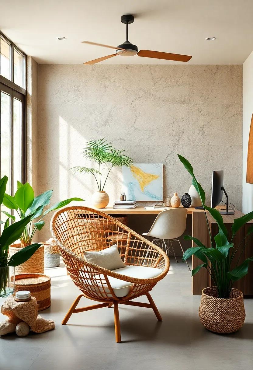 Natural Harmony: Discover an eco-conscious office setup that celebrates sustainability, where a ‌recycled rattan chair sits comfortably alongside organic materials and hues