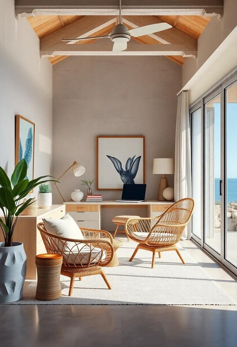 coastal Elegance: Experience a refined seaside office featuring a sophisticated rattan chair, seamlessly merging coastal‍ elements with elegant design‍ for a luxurious work environment