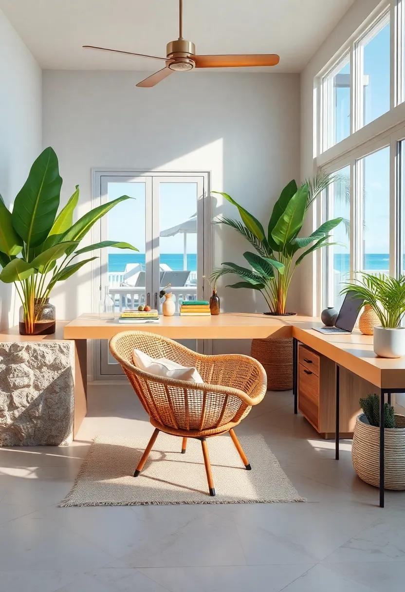 Coastal Calm: Discover a‍ beach-inspired workspace adorned with nautical accents, where an elegant⁣ rattan chair blends effortlessly with sandy hues and ocean views