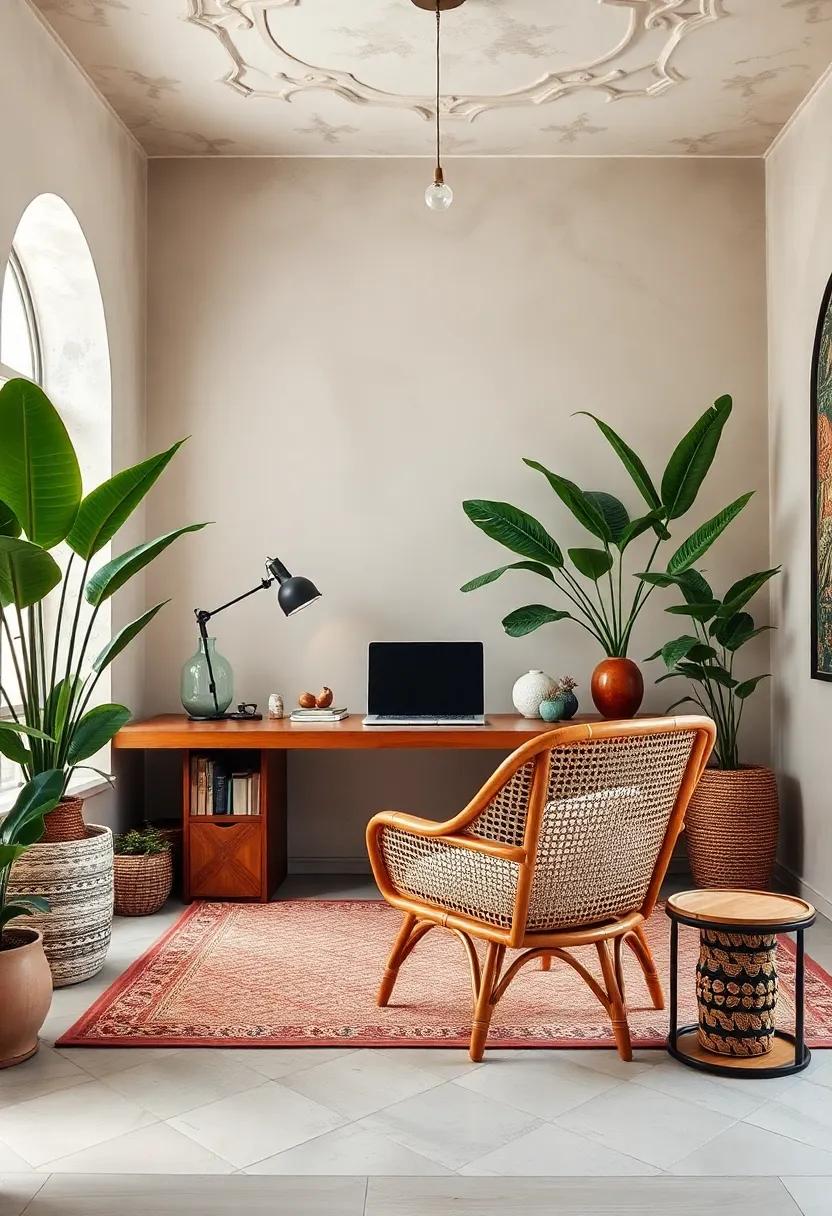 Classic Elegance: A ‌traditional‍ office setup that harmonizes modern technology with a vintage rattan chair,making work feel both stylish and ‌nostalgic