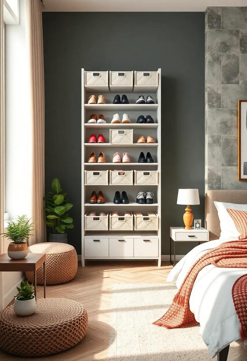 Vertical Shoe⁤ Storage: Create a vertical shoe rack to‍ store ‌footwear stylishly and get ⁢rid of clutter from the floor,featuring clear⁣ bins or open compartments