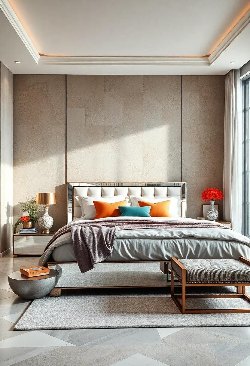 Step into elegance with ‍a bedroom that‍ echoes⁣ the sophistication of the 1920s, ⁣featuring a statement mirrored bed ⁣frame that reflects light and amplifies space