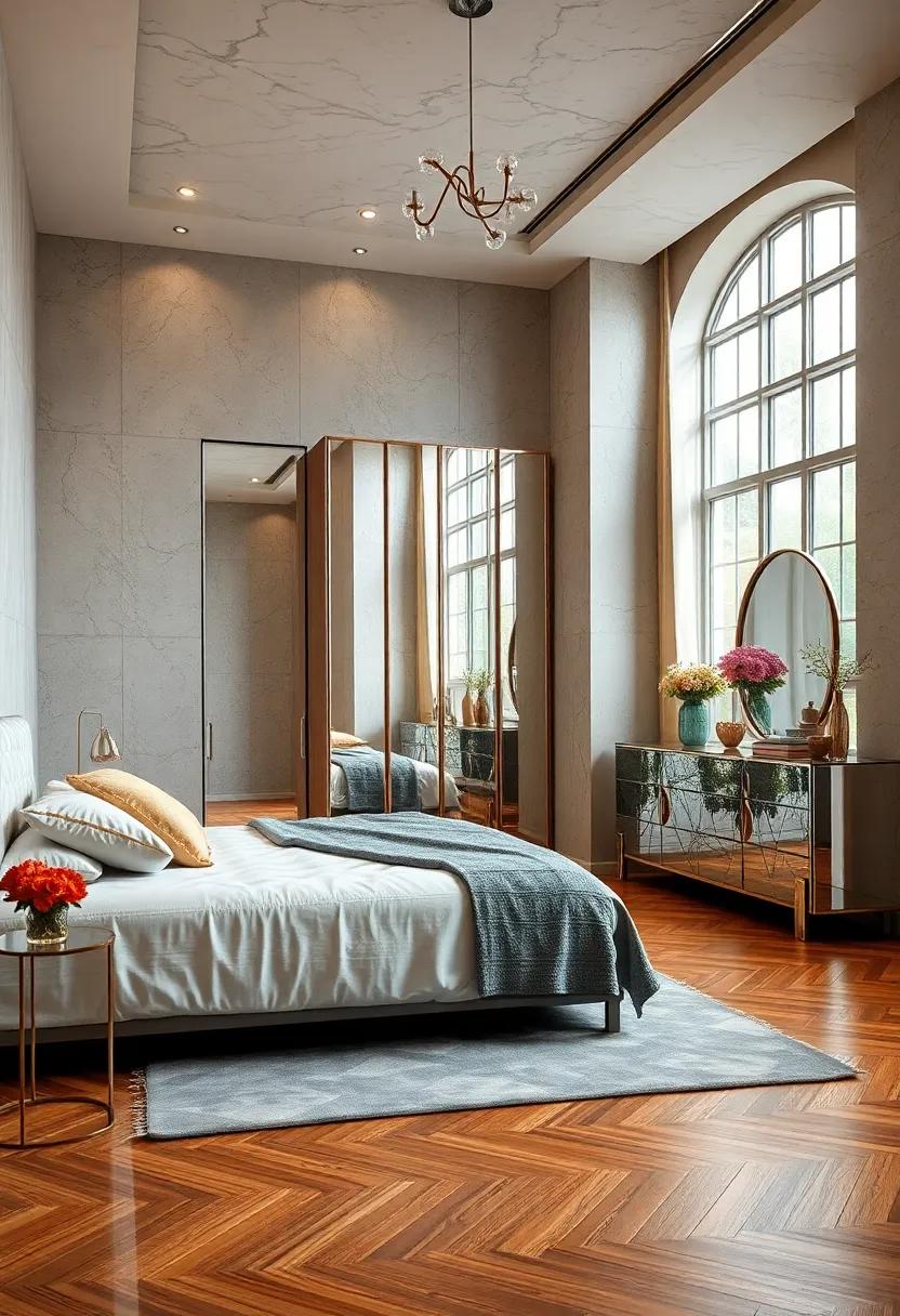 Delight in⁣ the interplay of textures as‍ a ⁢hardwood floor juxtaposes with ⁣a ‍stunning mirrored wardrobe, reflecting light and heightening the‌ serene ambiance