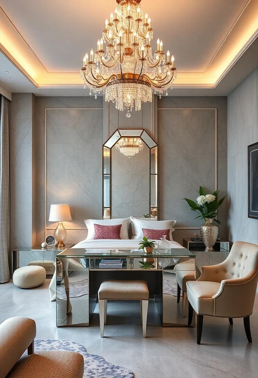 Unleash ultimate glam with a stellar chandelier above a​ mirrored dressing table, ‌showering the room in sparkle ⁣while reflecting sophisticated style