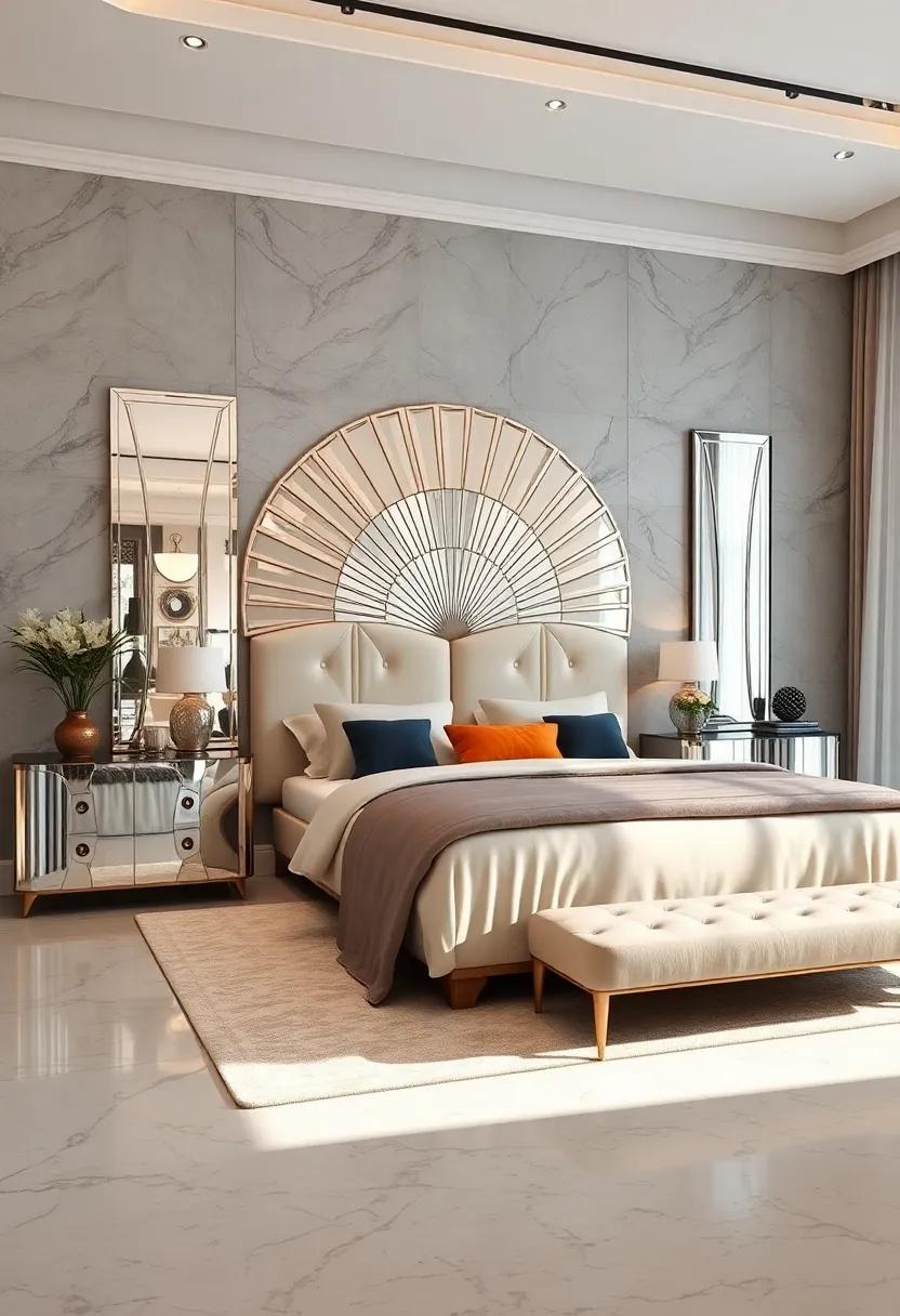 Discover⁢ a⁣ monochromatic master ​suite where sharp geometric patterns ​on fabrics are echoed in the mirrored dresser, enhancing the room’s ⁢design narrative