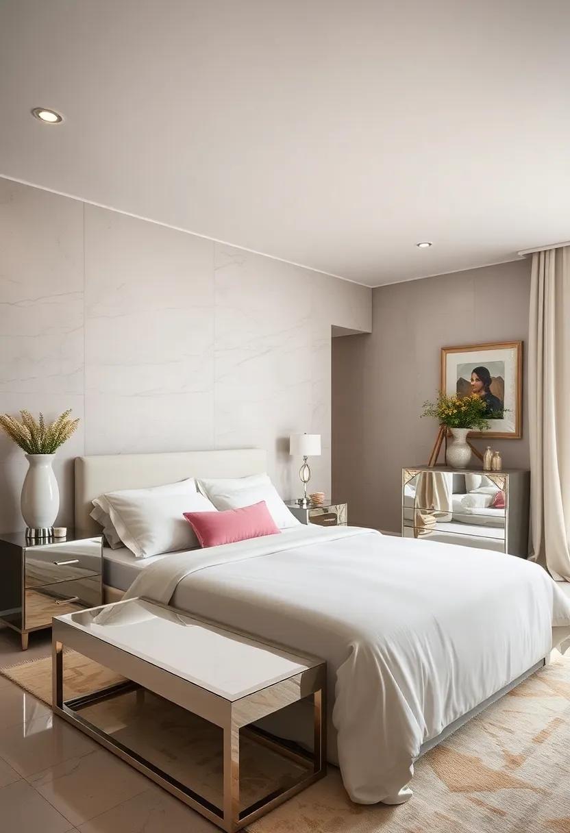 Discover a serene ambiance in a soft, neutral-toned bedroom, where mirrored furniture adds just ⁣a sprinkle of drama‌ without overwhelming ⁤the tranquil​ setting
