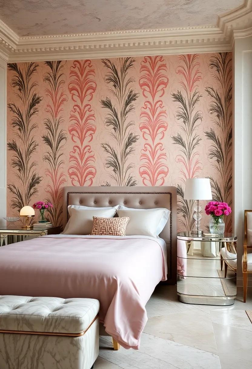 Embrace​ vintage⁣ charm with a soft pastel color palette, where mirrored ⁣nightstands ‍serve as a striking ⁤contrast against bold wallpaper, blending​ classic and contemporary effortlessly