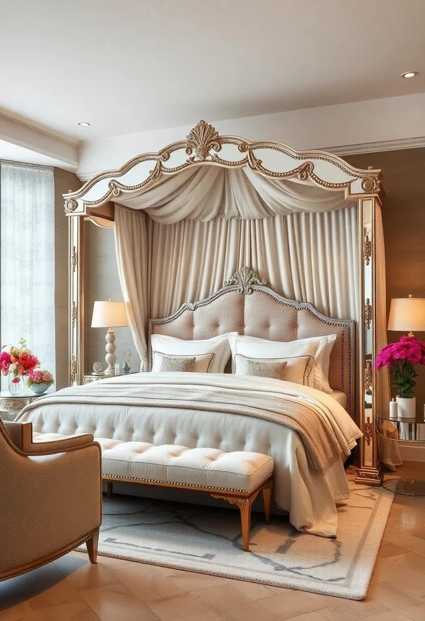 experience ‍luxury with an Art Deco-inspired⁢ canopy bed​ adorned​ with intricate⁣ mirrored accents, creating a romantic retreat that beckons⁢ relaxation
