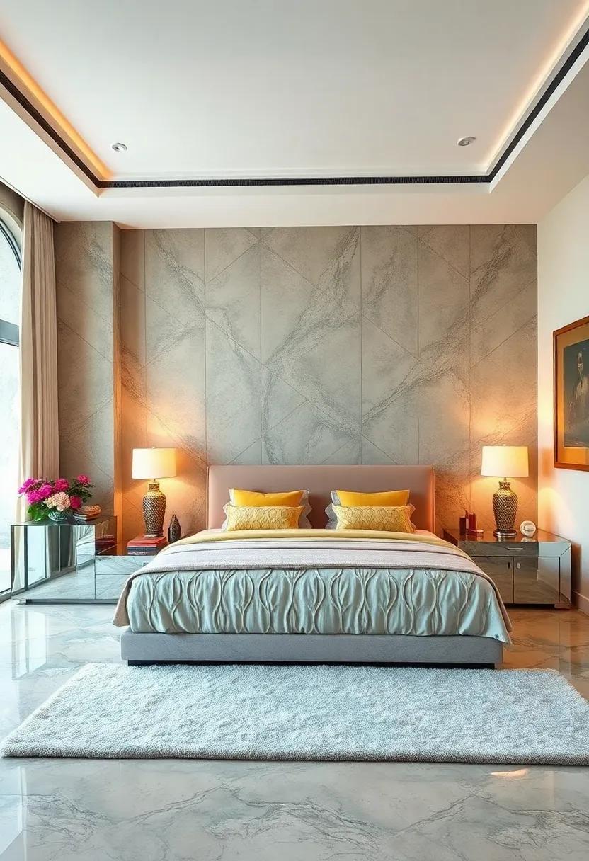 Emphasize⁤ luxury⁢ with a plush area rug layered beneath a streamlined mirrored bed, creating an inviting space that‌ feels both upscale ​and ‌comfortable