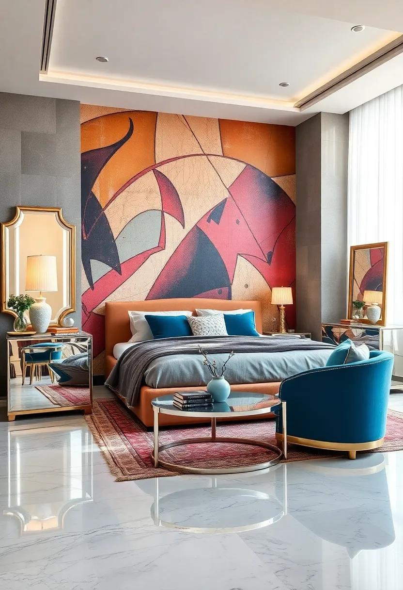 Infuse‍ personality‍ into ⁣your bedroom with ‌a bold⁤ mural that dances‍ alongside‍ reflective furniture pieces, creating a dynamic⁢ interplay of color and light