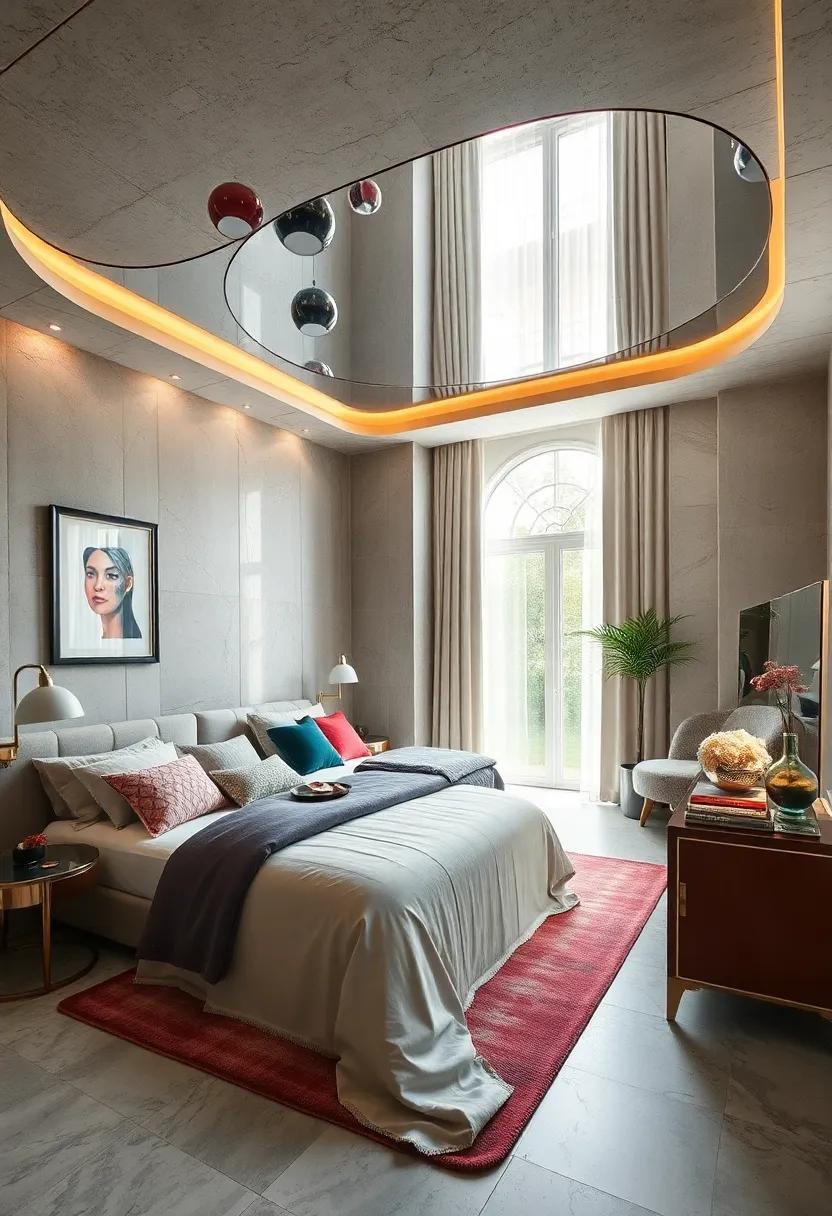 Transform your sleep space​ with a mirrored ceiling feature, inviting a celestial vibe that feels both⁤ modern ⁣and intriguingly historic