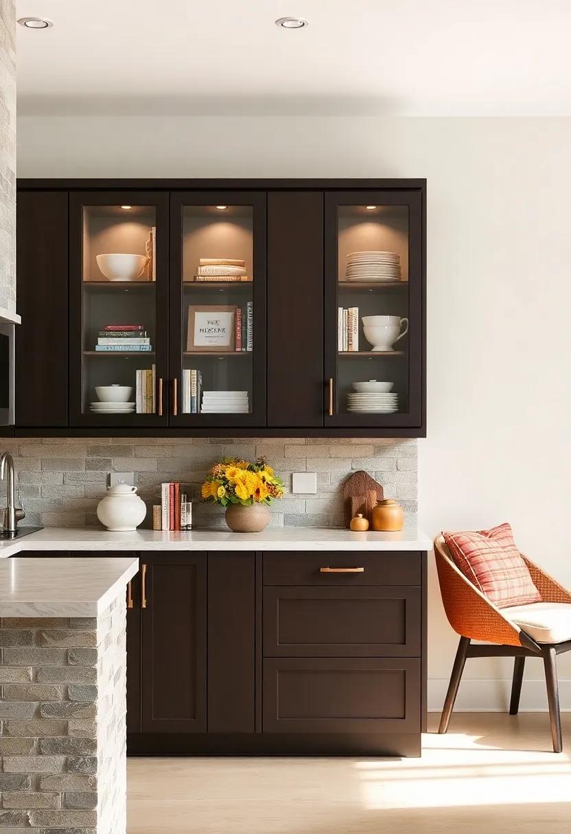 Radiant Display:⁣ Showcase your favorite cookbooks and decorative pieces in glass-front espresso cabinets for a polished yet personal touch