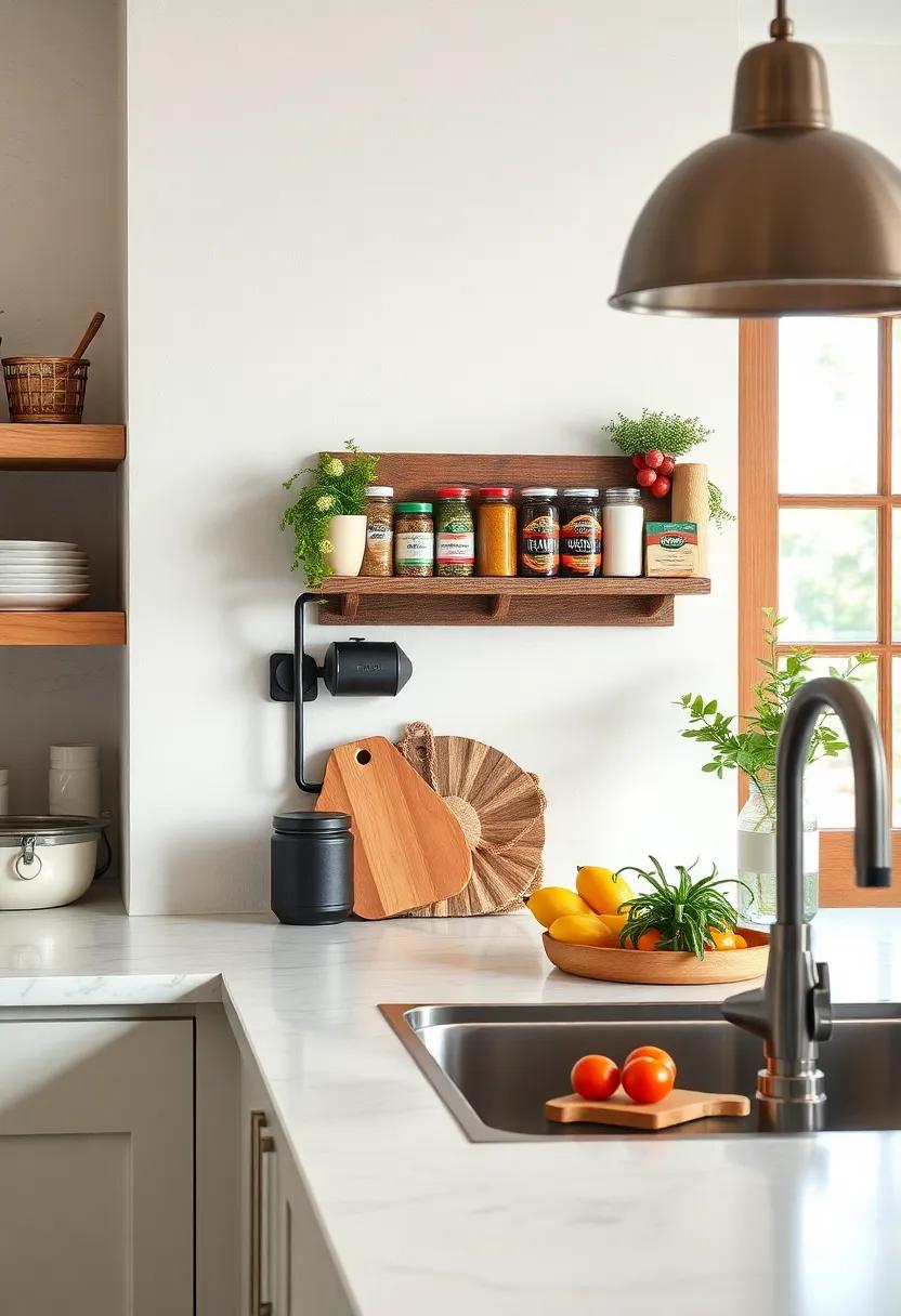 Wall-Mounted Spice Rack: ​Install a rustic wall-mounted spice rack‌ for easy⁤ access‌ to your favorite ​seasonings. This⁢ DIY element keeps ‌your counter ⁤clutter-free