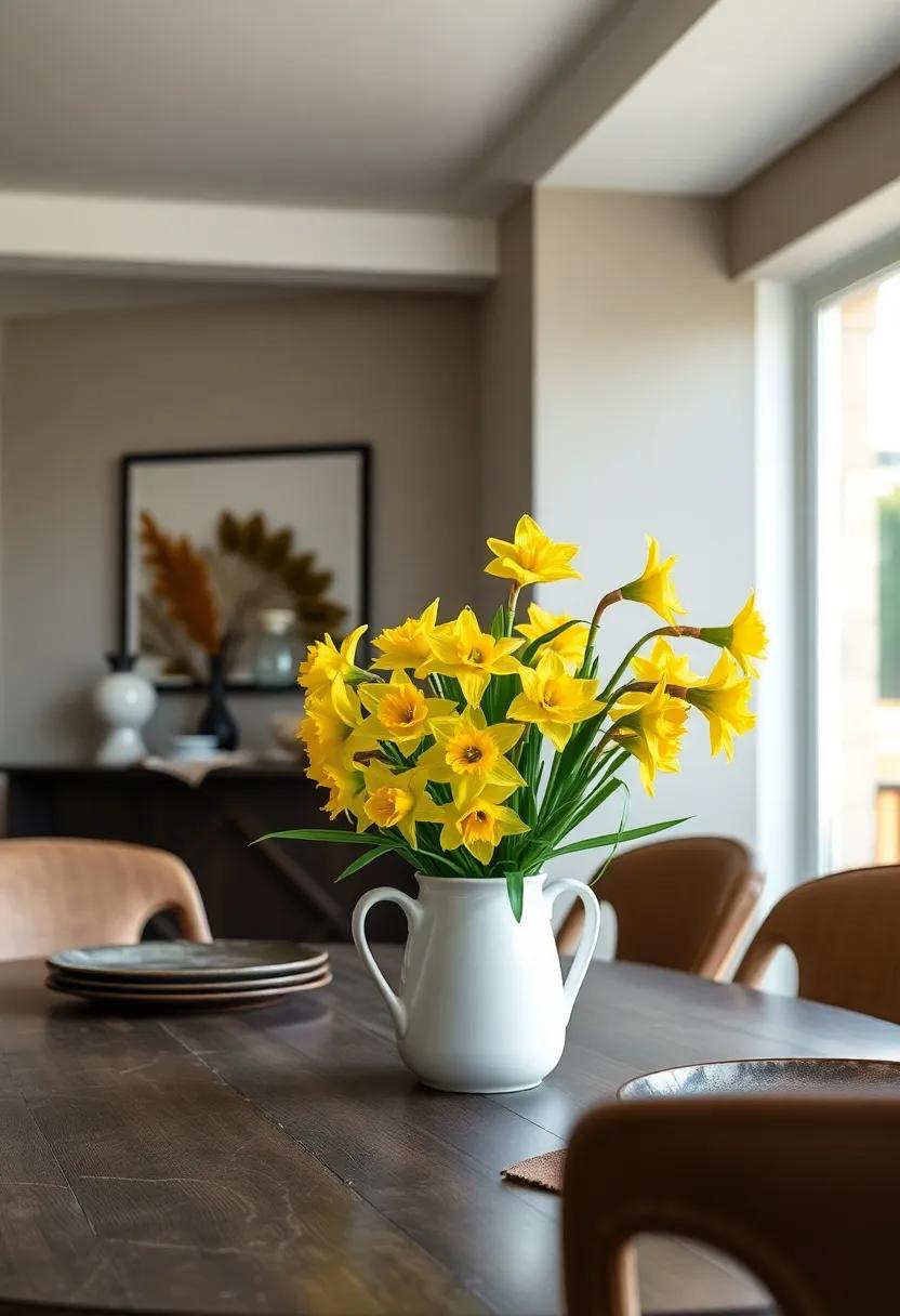 Bold‍ Daffodils: Kick off the season with‍ a cheerful arrangement of bright ⁢daffodils nestled in a simple ceramic pitcher, bringing joy to any dining table