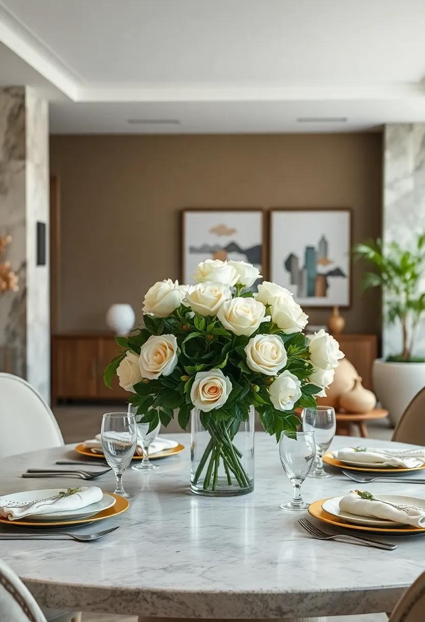 Classic White ​Roses: Evoke elegance with a monochromatic centerpiece of pristine white roses, accented with lush greenery for a timeless look that complements any table setting