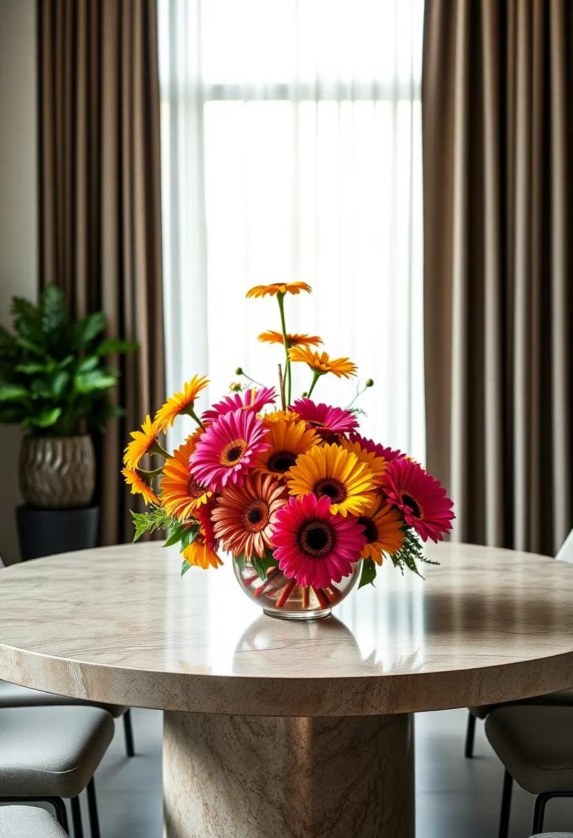 Colorful Gerbera⁤ Daisies:⁣ Brighten up your table with an explosion of color using vibrant ‌gerbera ‍daisies, ⁢arranged in ‍a playful, variously sized⁣ cluster