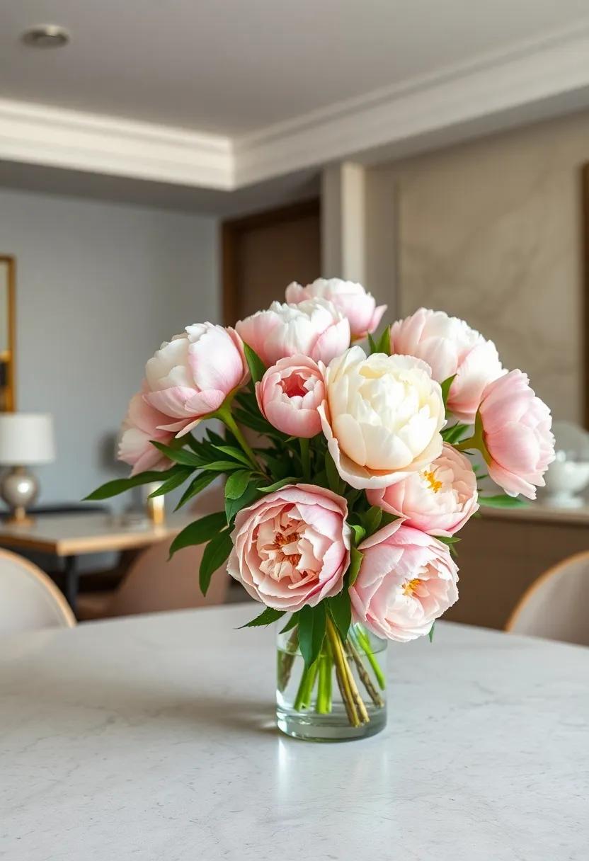 Delicate‍ Peony Arrangement: Celebrate spring with soft pink and creamy ‍white peonies, arranged in a simple glass vase to ‍highlight their abundant petals