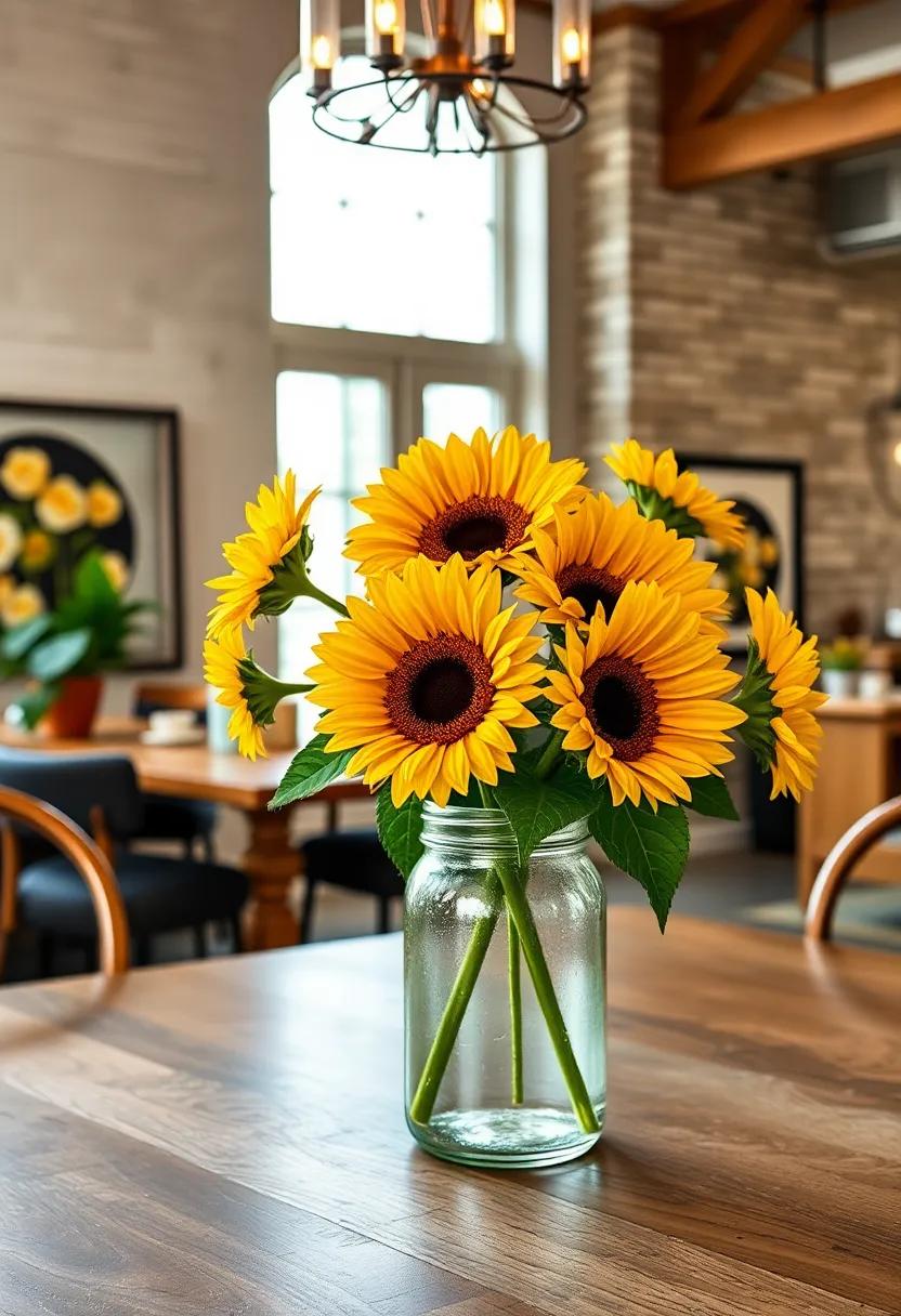 Rustic Sunflower Bouquet: Embrace⁤ farmhouse charm with a bouquet of bright sunflowers in a ⁣vintage mason jar, perfect for a sunny brunch gathering