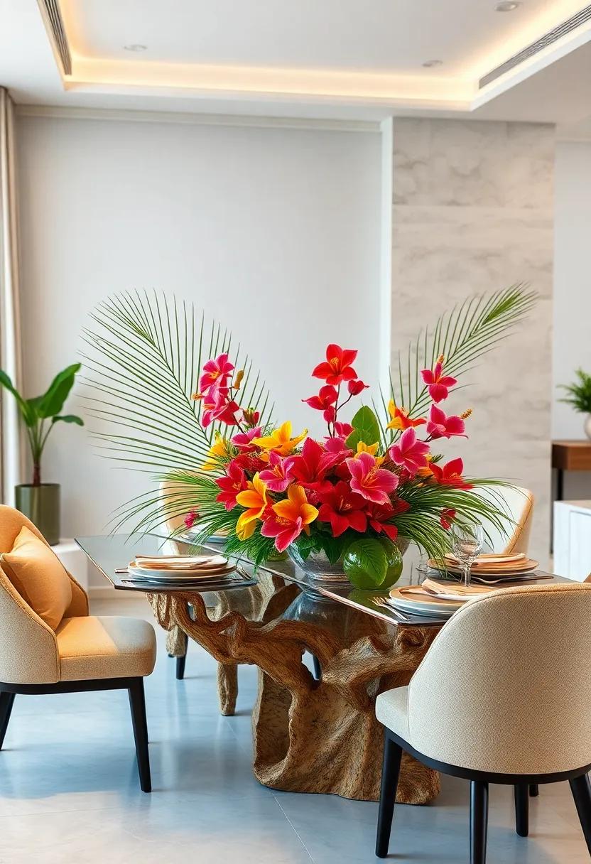 Tropical Paradise: ‍Bring the tropics to your table with bold, colorful blooms like hibiscus and orchids, paired with palm⁣ fronds for an exotic⁤ touch