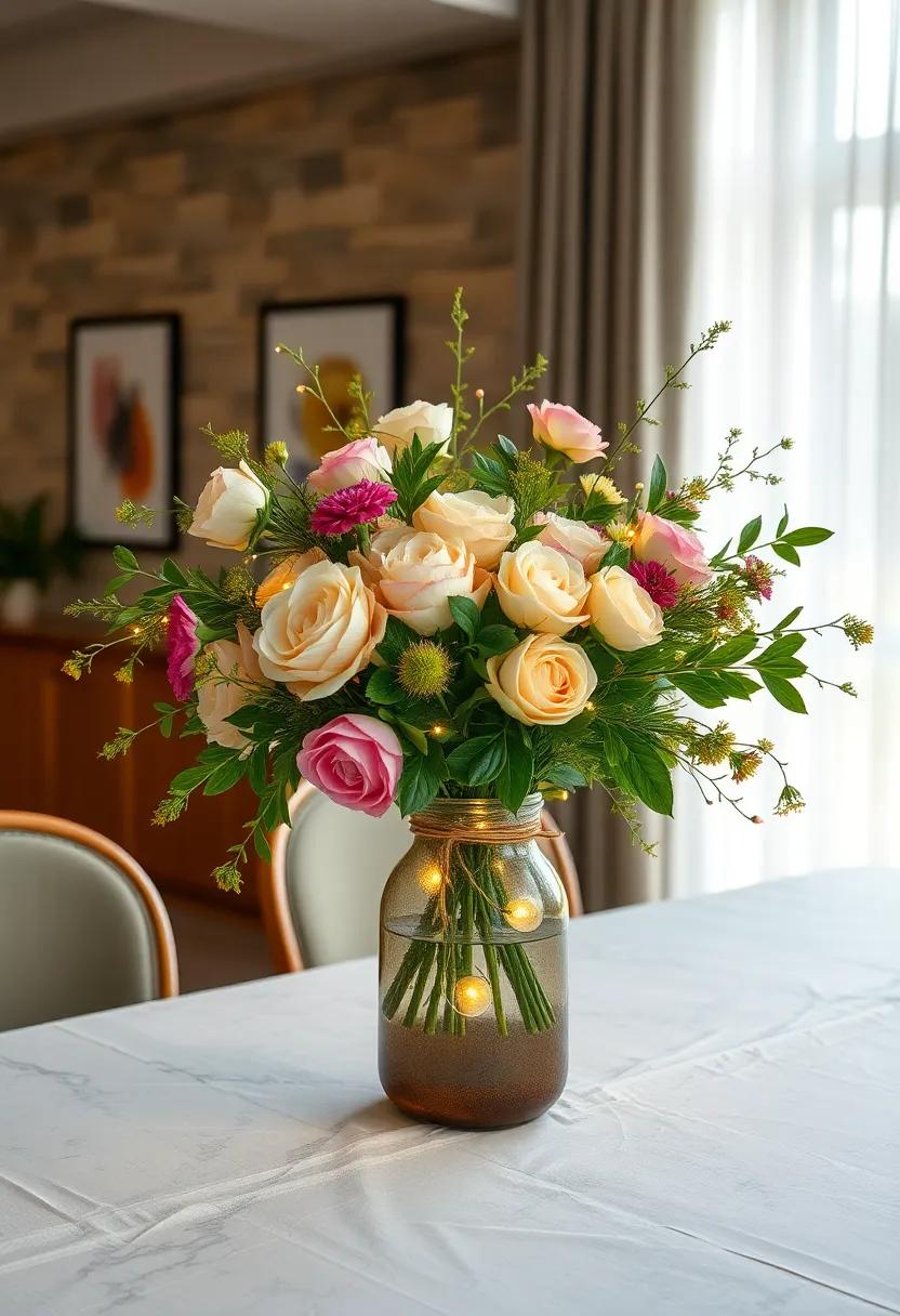 Whimsical Fairy tale: Create a fantasy atmosphere with fairy lights woven through ⁤a bouquet of ⁣roses, peonies,⁢ and greenery in a rustic vase